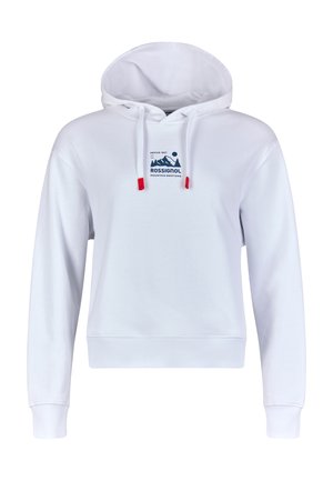 Witte hoodie met lange mouwen, rood afgesneden trekkoorden en een klein blauw berglogo met de tekst "Rossignol Mountain Emotions" aan de voorkant.