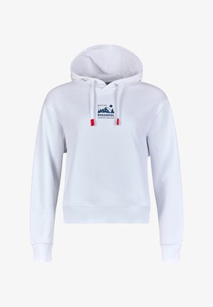 Witte hoodie met lange mouwen, rood afgesneden trekkoorden en een klein blauw berglogo met de tekst "Rossignol Mountain Emotions" aan de voorkant.