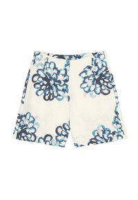 Shorts floraux en tissu léger, avec une base blanche ornée de motifs floraux bleus et navy, devant plat et poches latérales.
