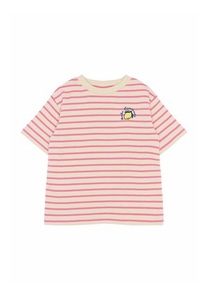 Pasiasta koszulka t-shirt w kolorach różowym i kremowym, z krótkimi rękawami i okrągłym dekoltem. Posiada haftowany wzór cytryny i kwiatów na piersi.