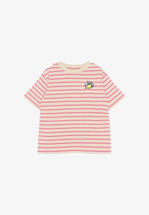 Pasiasta koszulka t-shirt w kolorach różowym i kremowym, z krótkimi rękawami i okrągłym dekoltem. Posiada haftowany wzór cytryny i kwiatów na piersi.