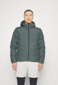Plüschige grüne Jacke mit Kapuze, vorderem Reißverschluss und Seitentaschen. Hat ein gestepptes Muster und eine weiche Textur. Wird über Shorts getragen.