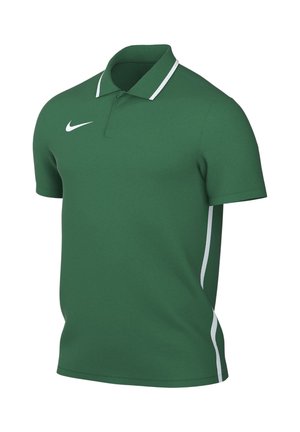 Grøn kortærmet Nike polo med hvidt logo på brystet og hvide kanter på kraven og siderne, vist på en blank baggrund.