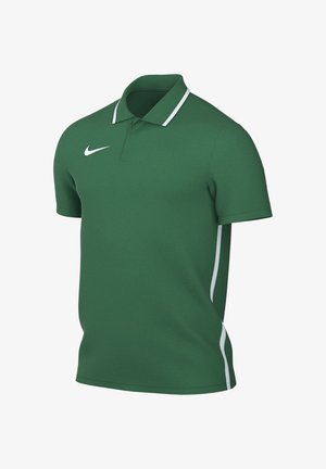 Grøn kortærmet Nike polo med hvidt logo på brystet og hvide kanter på kraven og siderne, vist på en blank baggrund.