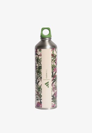 Bouteille d'eau en acier inoxydable avec un couvercle vert, ornée d'un motif floral sur un fond clair et d'un logo au centre.