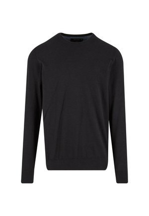 Pull noir à manches longues en tricot lisse, avec un col rond et des bords-côtes aux poignets et à l'ourlet. Marquage minimal sur la poitrine.