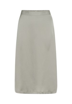 Kelio ilgio tiesius sijonus šviesiai pilkos spalvos audinio. Lygus paviršius su paprastu liemeniu, be matomų užsegimų ar raštų.