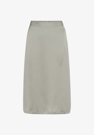 Kelio ilgio tiesius sijonus šviesiai pilkos spalvos audinio. Lygus paviršius su paprastu liemeniu, be matomų užsegimų ar raštų.