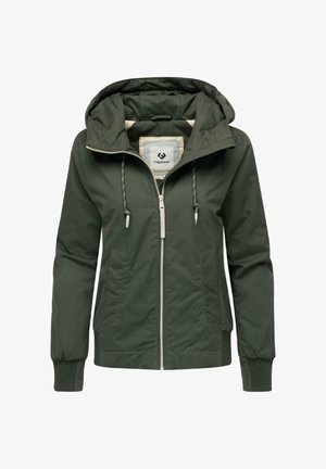 Giacca verde con cappuccio, zip frontale, polsini elastici e coulisse. Realizzata in tessuto morbido con una leggera trama, presenta un logo all'interno.