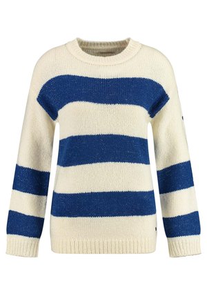 Pull crème avec de grosses rayures bleu marine, col rond et manches longues. Fabriqué en tricot texturé, avec des poignets et un ourlet côtelés.
