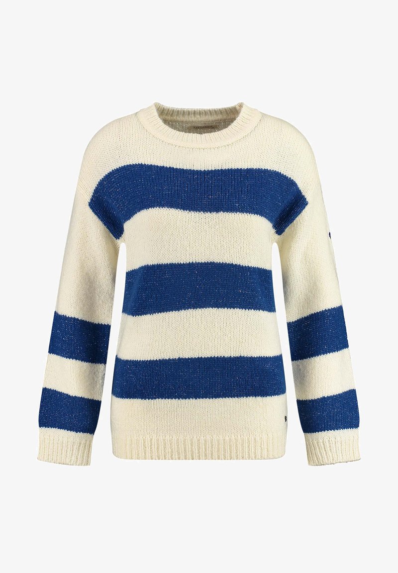 Pull crème avec de grosses rayures bleu marine, col rond et manches longues. Fabriqué en tricot texturé, avec des poignets et un ourlet côtelés.