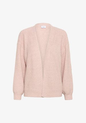 Cardigan tricoté rose clair avec ouverture devant, texture côtelée, coupe décontractée et manches longues. Étiquette indiquant « Saint ».