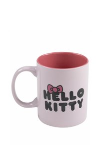 Tazza in ceramica con un esterno rosa e un interno rosso. Presenta "HELLO KITTY" in lettere nere e un design di fiocco rosa.