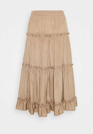 Jupe midi évasée couleur beige clair, fabriquée dans un tissu doux et fluide, avec des accents froncés au bas et une taille élastique pour le confort.