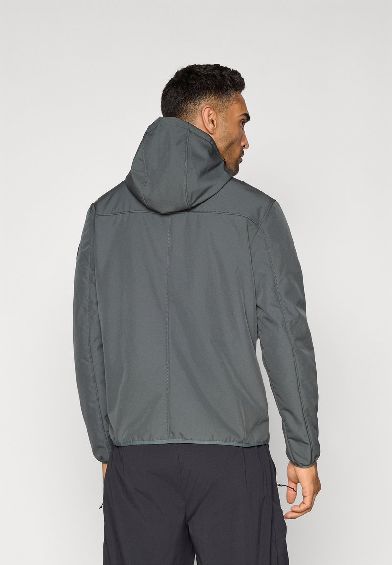 Veste à capuche grise au toucher lisse, avec un design ajusté et des poignets élastiques. L'ourlet est légèrement froncé pour un ajustement confortable.