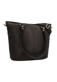Borsa tote in pelle nera con hardware dorato, due manici, superficie texture e un ampio interno. Presenta una chiusura superiore per garantire sicurezza.