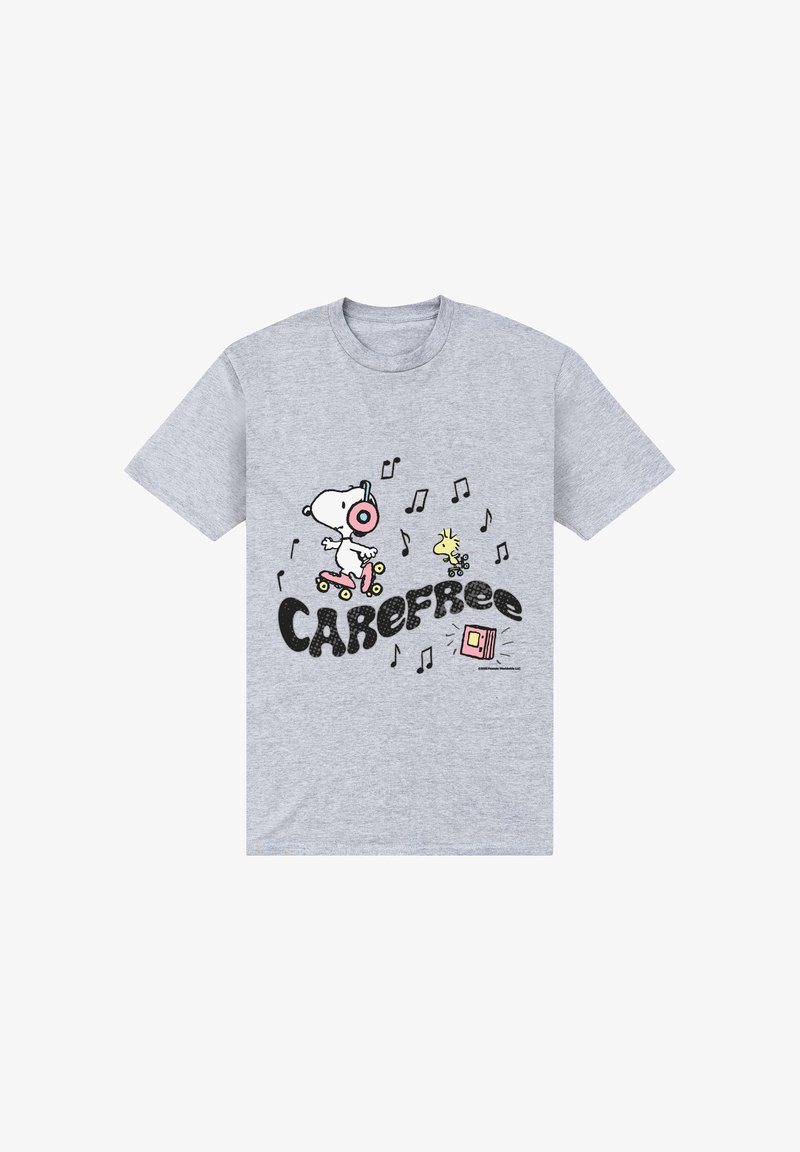 Szara koszulka z Snoopym i Woodstockiem na wrotkach, noszącymi słuchawki, otoczona nutami muzycznymi i tekstem „Carefree”.