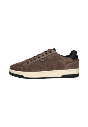 Brown suede lace-up sneaker with white sole, black heel tab, and small wing emblem on the side.