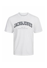 Biela bavlnená tričko s okrúhlym výstrihom, krátkymi rukávmi a potlačeným logom v námorníckej modrej farbe, s textom "JACK&JONES EST. 90 WORLDWIDE."