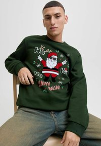 Sudadera verde con un gráfico de Santa usando gafas de sol, cuernos de reno y texto navideño. Tela suave con puños acanalados. Corte casual.
