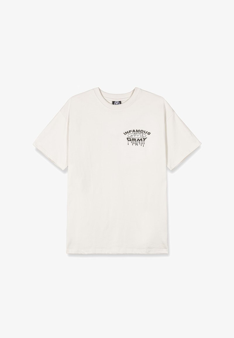 Camiseta de algodón color crema con un gráfico de texto negro "INFAMOUS" con un efecto goteante, ajuste relajado y mangas cortas.