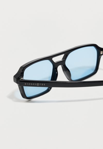 Black rectangular eyeglasses with blue-tinted lenses and a unique number sequence printed on the frame's arm against a white background.