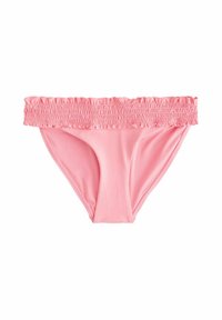 Rosa bikiniunderdel med ett rynkat midjeband, slät textur och måttlig täckning. Tillverkad av elastisk tyg för komfort och passform.