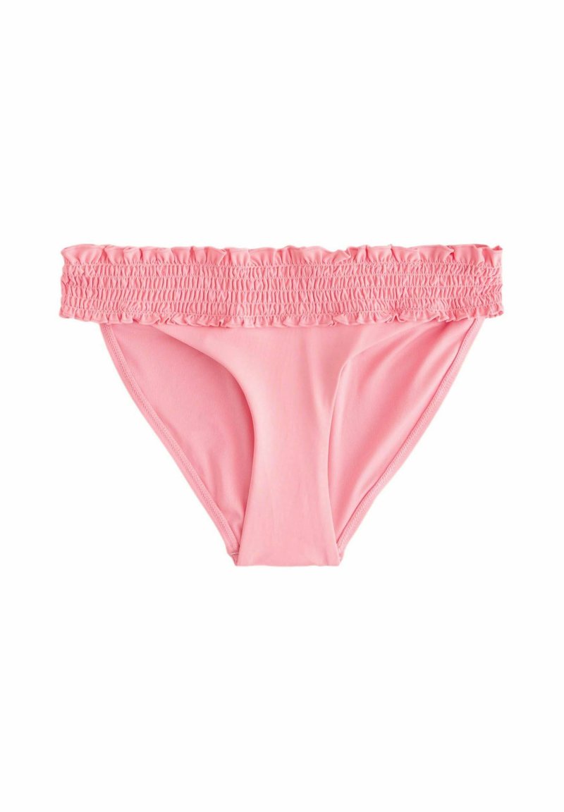 Rosa bikiniunderdel med ett rynkat midjeband, slät textur och måttlig täckning. Tillverkad av elastisk tyg för komfort och passform.