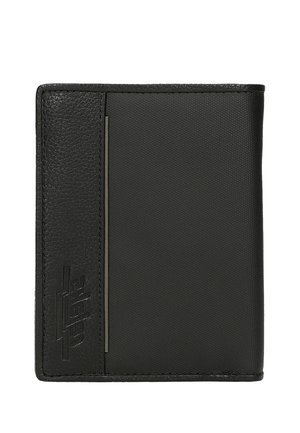 Portafoglio bifold nero con sezioni in pelle testurizzata e tessuto, con logo verticale in rilievo sul lato sinistro.