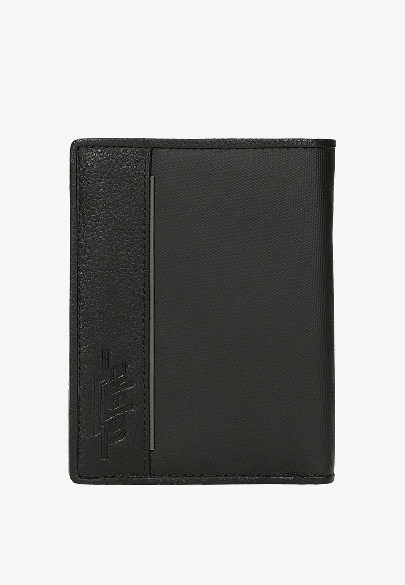 Portefeuille noir bifold en cuir texturé et sections en tissu, avec un logo embossé vertical sur le côté gauche.