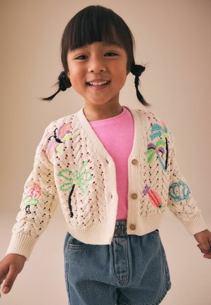 Smiling young girl with braided hair wearing a cream cardigan with colorful embroidered designs over a pink shirt and blue jeans.