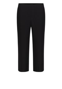 Pantalons noirs, arrivant aux genoux, fabriqués en matériau doux et extensible. Présentent une taille élastique et des détails cousus subtils le long des coutures.
