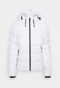 Hvid dunjakke med hætte, sort lynlåslukning og sidelommer. Struktureret design med vandret quiltning og elastiske manchetter.