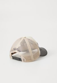 Baseball cap with a beige mesh back and dark gray front. Features a curved brim, adjustable strap, and embroidered detail on the back.