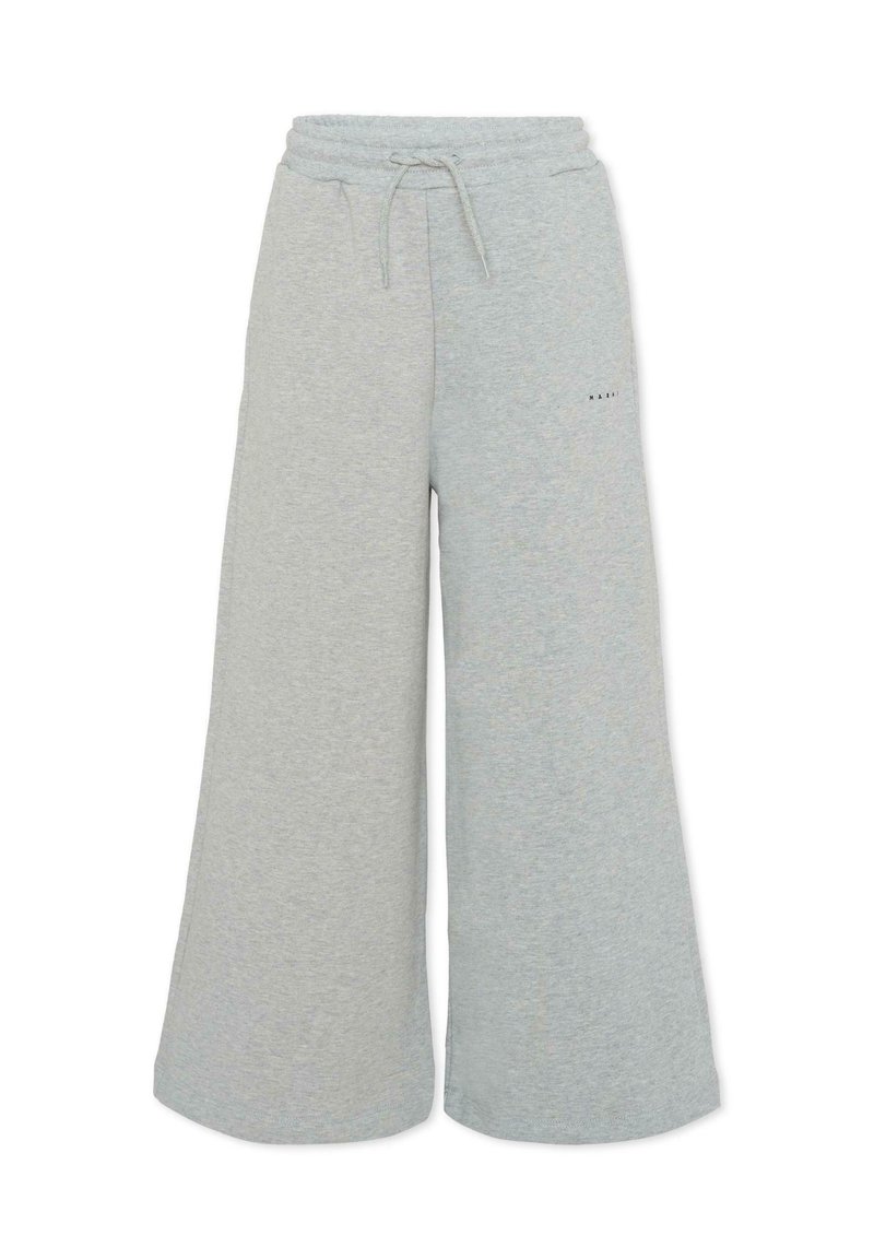 Jasnoszare szerokie spodnie dresowe z elastycznym sznurkiem w pasie, miękką fakturą i detalem z logo po boku. Charakteryzują się luźnym i swobodnym krojem.