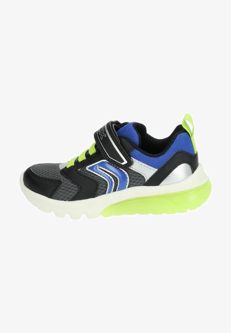 Black and gray athletic shoe with blue and white accents, green laces, and a padded collar. Features a hook-and-loop strap and textured mesh design.