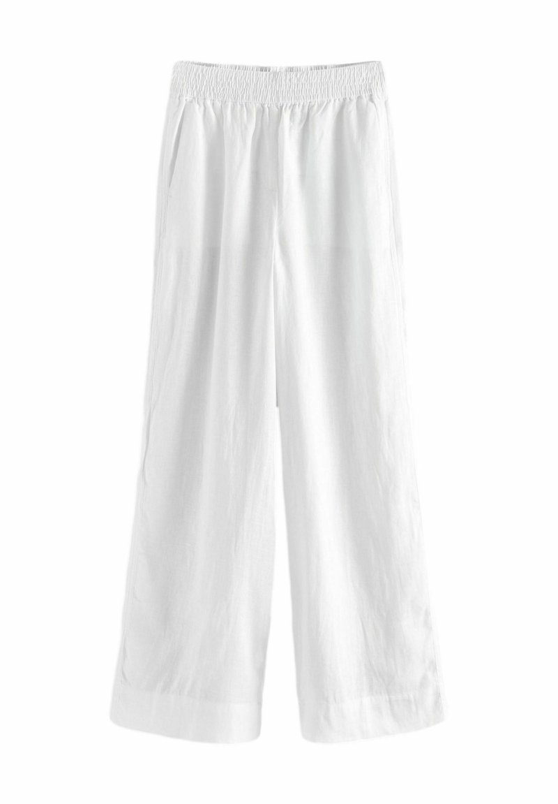 Witte linnen wijde broek met een elastische tailleband, met een zachte textuur en zijzakken. Perfect voor warm weer.