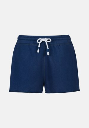 Shorts de survêtement bleu marine en tissu doux, dotés d'une taille à cordon de serrage et élastique. L'ourlet est fini par une couture simple.