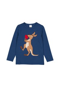 Marineblaues Langarm-T-Shirt mit einem braunen Känguru und einem weißen Bauch, gestickten roten Boxhandschuhen und kontrastierenden Nähten.