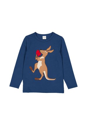 T-shirt à manches longues bleu marine arborant un kangourou brun avec un ventre blanc, des gants de boxe rouges brodés et des détails de surpiqûres contrastants.