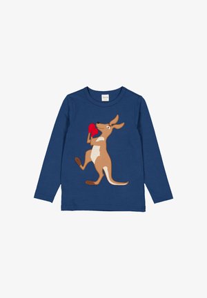 Marineblauw T-shirt met lange mouwen, featuring een bruine kangoeroe met een witte buik, geborduurde rode bokshandschoenen en contrasterende stiksels.