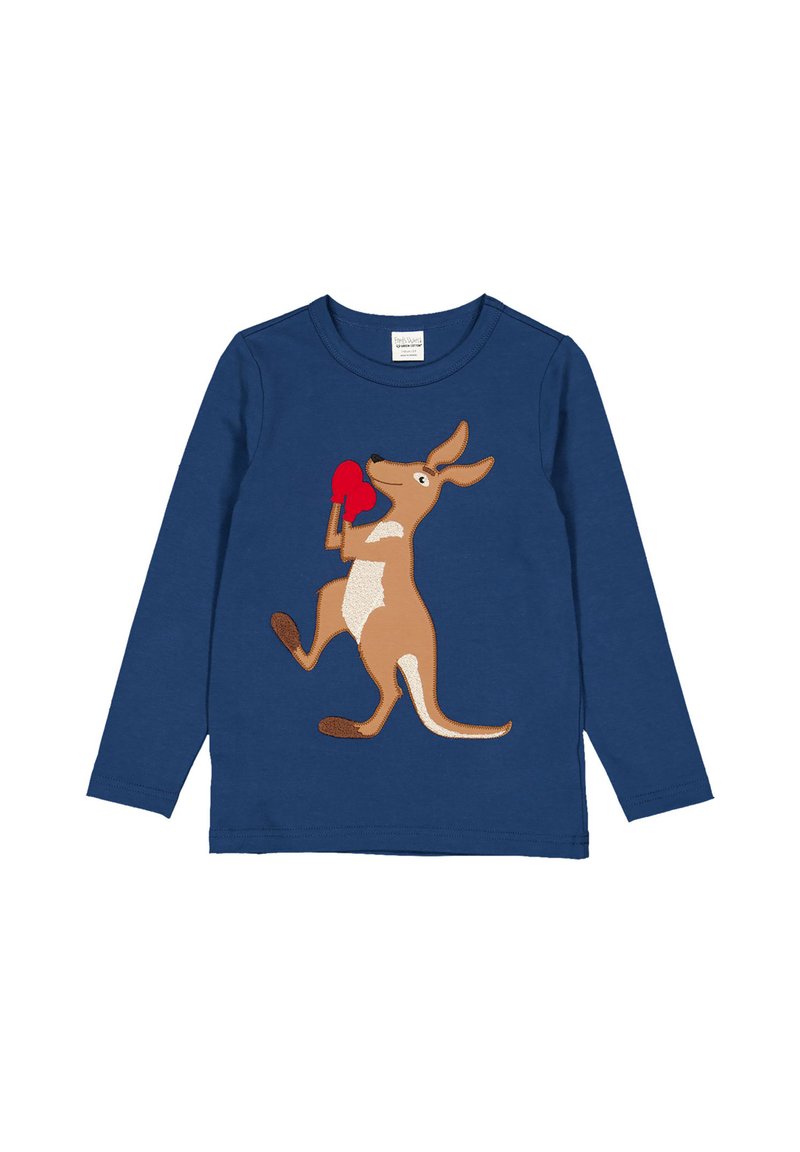 Marineblaues Langarm-T-Shirt mit einem braunen Känguru und einem weißen Bauch, gestickten roten Boxhandschuhen und kontrastierenden Nähten.