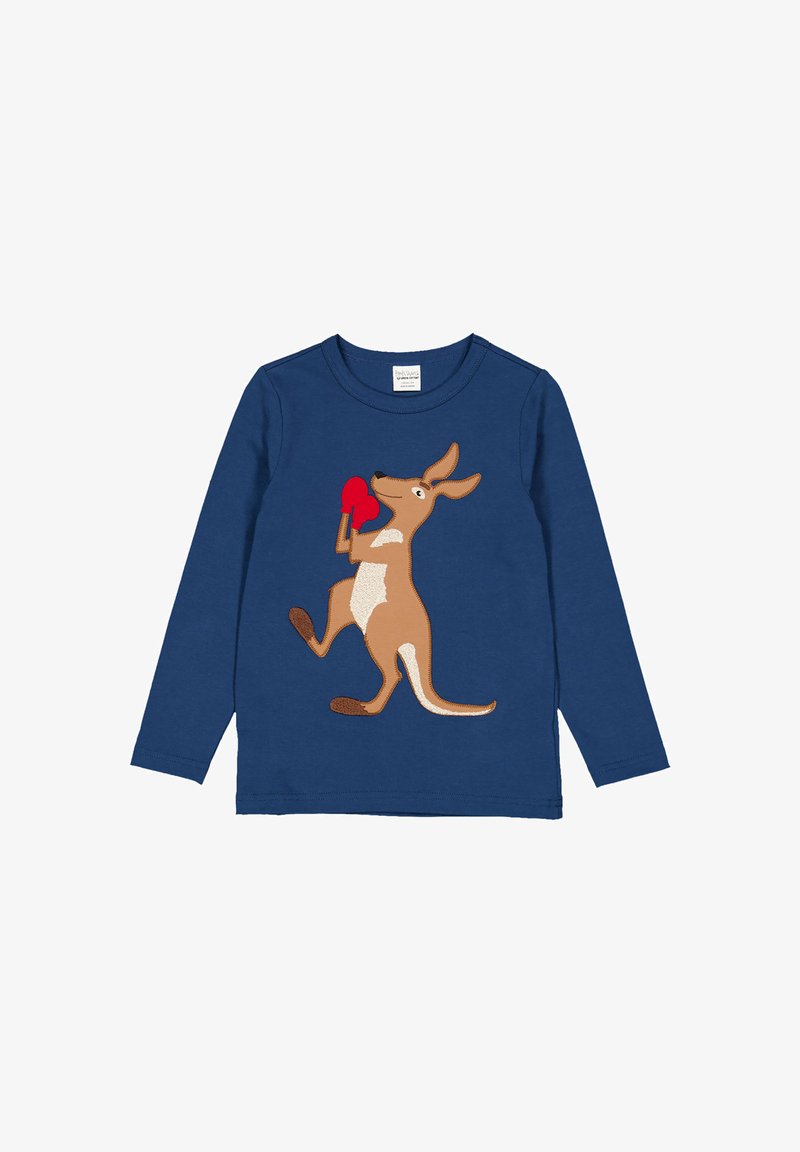 Marineblaues Langarm-T-Shirt mit einem braunen Känguru und einem weißen Bauch, gestickten roten Boxhandschuhen und kontrastierenden Nähten.