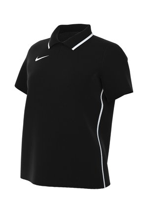 Polo Nike nera a maniche corte con logo swoosh bianco sul petto, rifinitura del colletto bianca e dettaglio a striscia bianca sui lati.