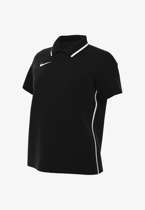 Polo Nike nera a maniche corte con logo swoosh bianco sul petto, rifinitura del colletto bianca e dettaglio a striscia bianca sui lati.