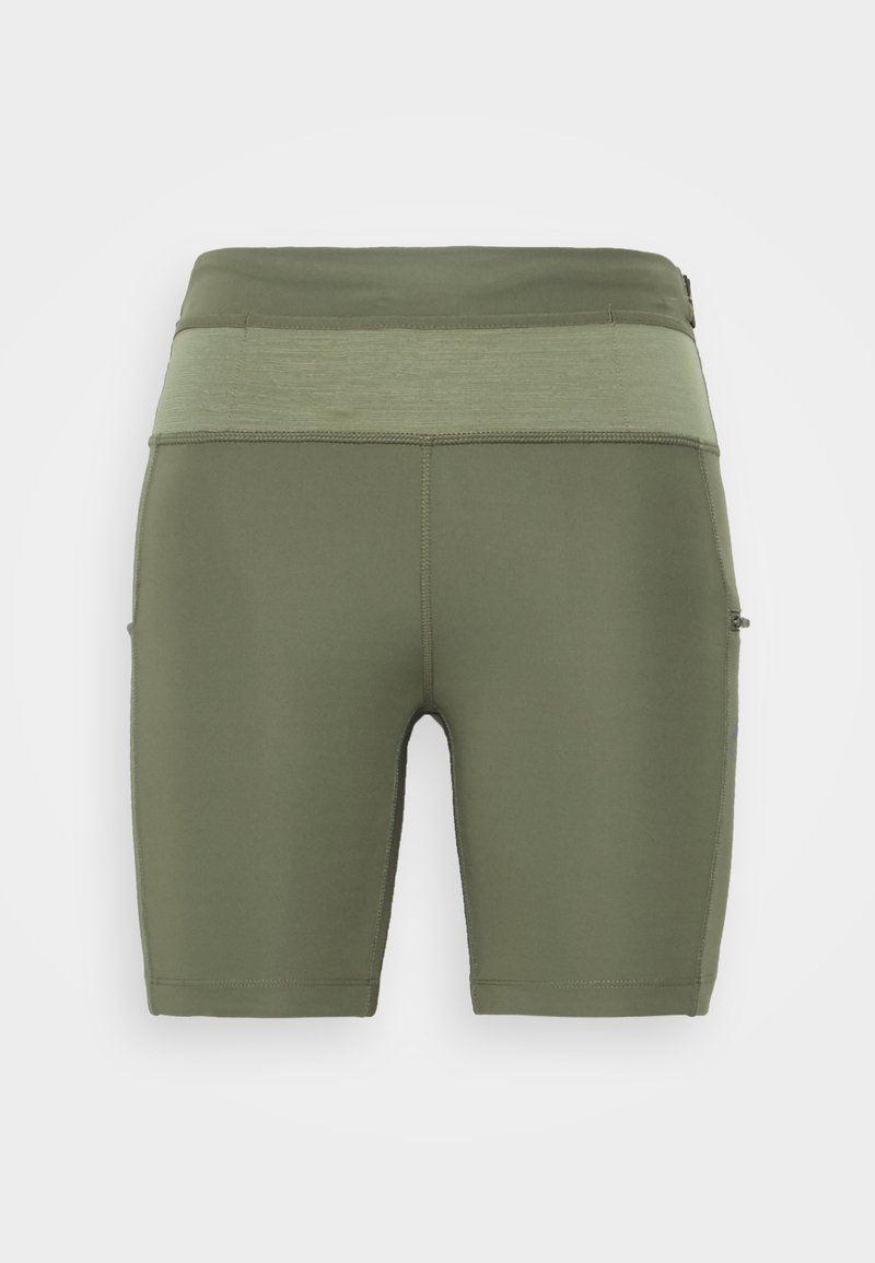 Shorts de cycliste ajustés vert olive avec une large ceinture et une poche latérale, conçus pour un usage actif.