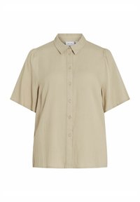Kortærmet beige skjorte med knaplukning, spidse kraver, let puffede ærmer og lige kant. Fremstillet af blødt, vævet stof.