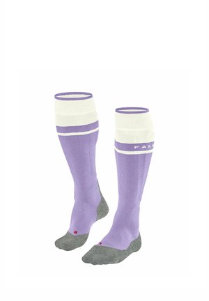 Coppia di calzini sportivi fino al ginocchio viola con punte bianche e talloni e dita grigi, etichettati per piede sinistro e destro.