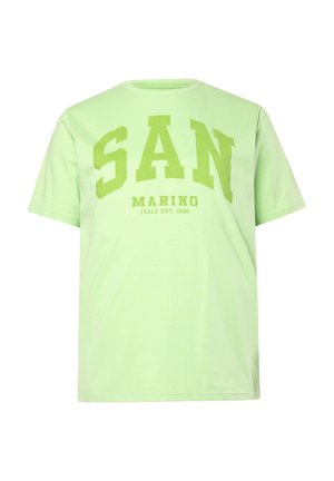 Hellgrünes Baumwoll-T-Shirt mit auffälligen Buchstaben "SAN" und darunter "MARINO". Rundhalsausschnitt und kurze Ärmel. Einfaches, entspanntes Design.