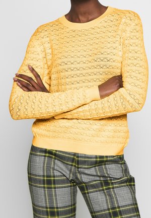 Personne portant un pull en maille jaune avec un motif en losanges et un pantalon à carreaux gris avec des rayures jaunes et vertes, les bras croisés.